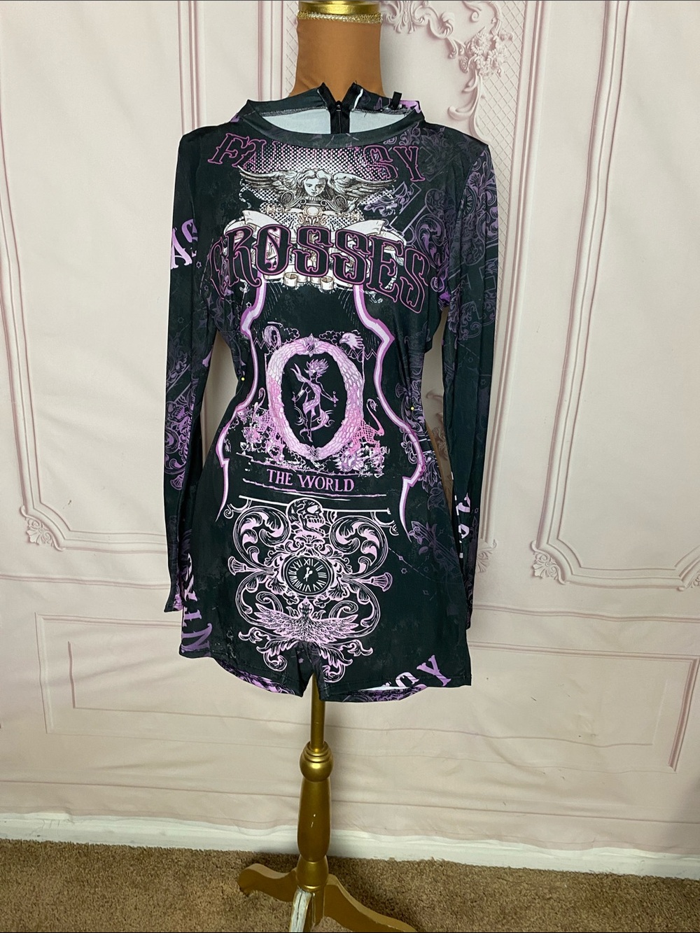 Black and Lavender Graphic Long-Sleeve Shorts Jumpsuit One piece
